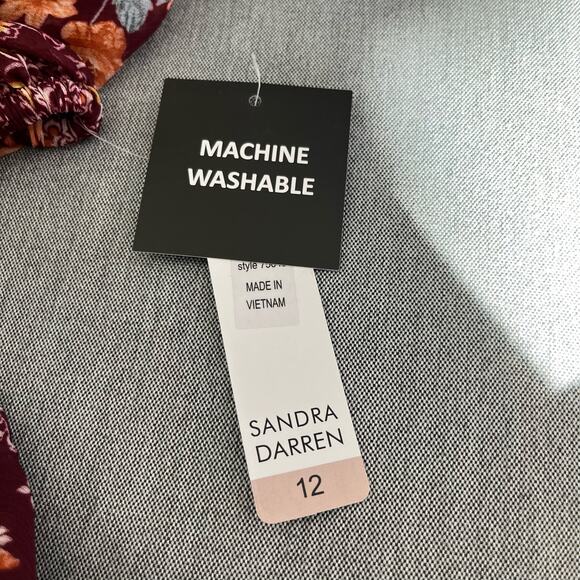 Sandra Darren Burgundy Floral Balloon Sleeve V-Neck Babydoll Mini Dress 12 NWT - Picture 11 of 15